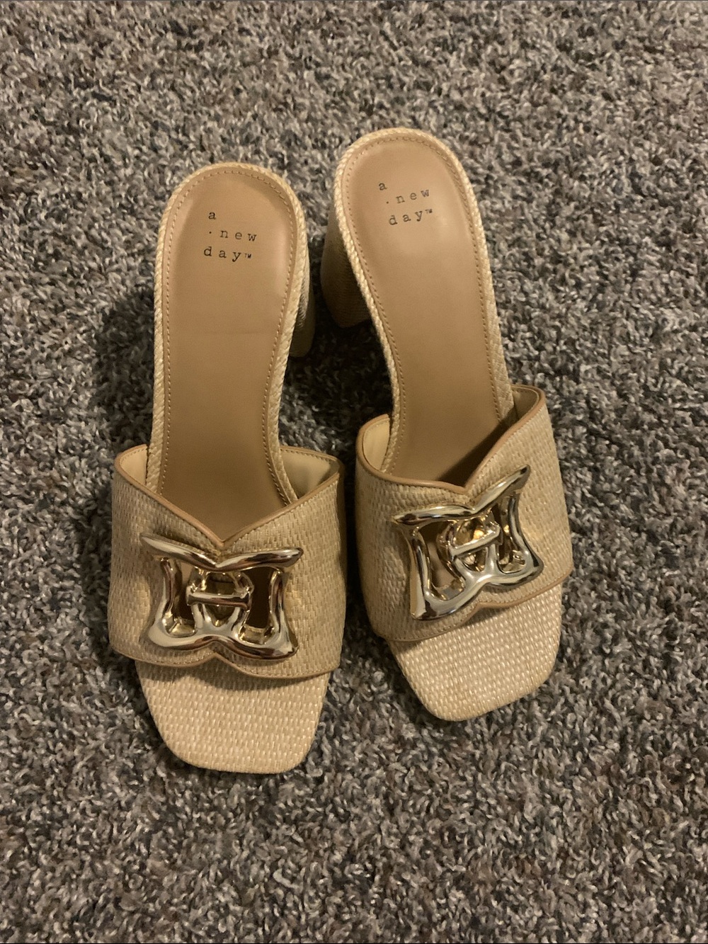 a new day Beige Woven Slide Mules with Gold Emblem